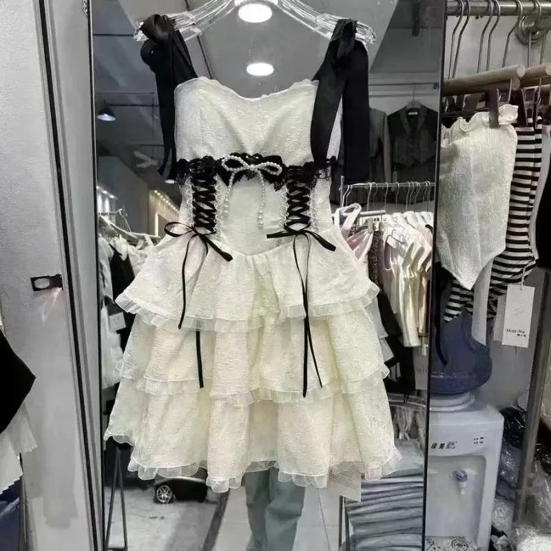 Verão doce lolita vestido de princesa feminino elegante renda retalhos arco em camadas bolo vestido y2k harajuku design de moda cinta vestido