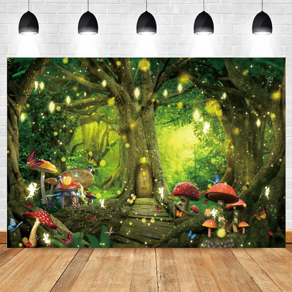 Enchanted Forest Backdrop Fairy Tale Mushroom Tree House Baby Shower Kid Birthday Party Photography Background Photo Studio Prop