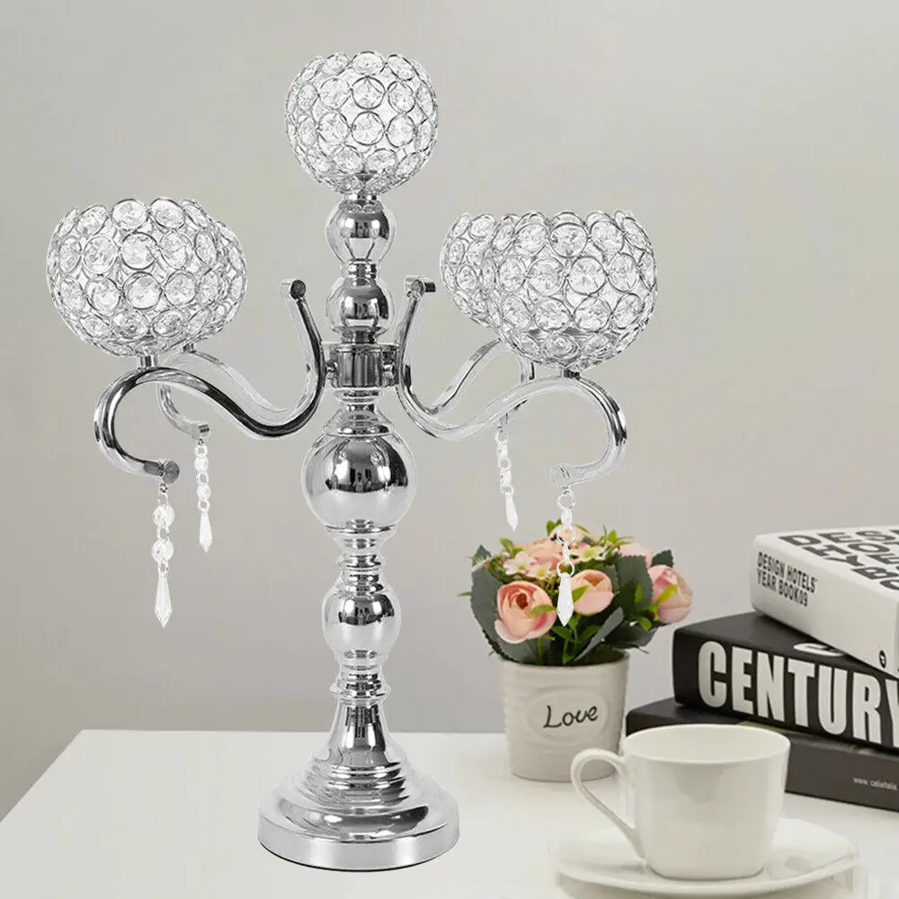 Elegant Silver Crystal 5-Arm Candelabra Holder Wedding Table Centerpieces Decor