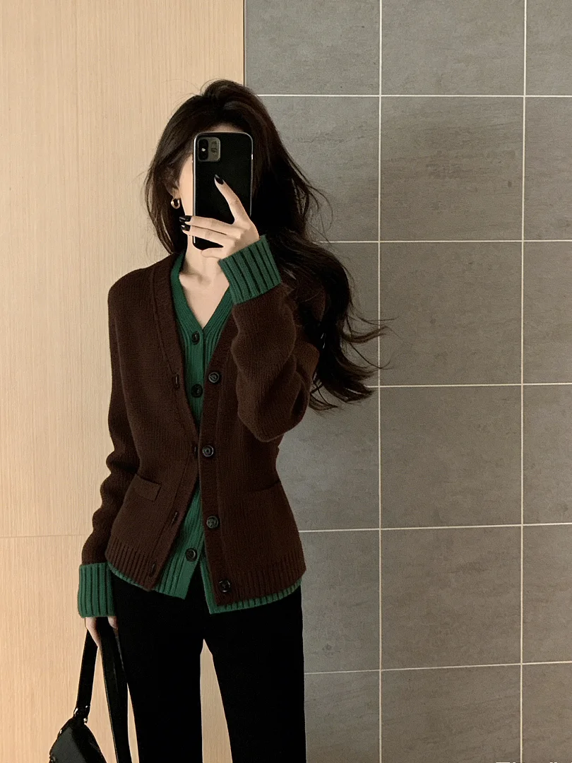 

Ретро-кардиган для женщин: вязаный, с цветовыми блоками, приталенный, с длинными рукавами, из тонкой ткани, весенняя мода для молодых девушек