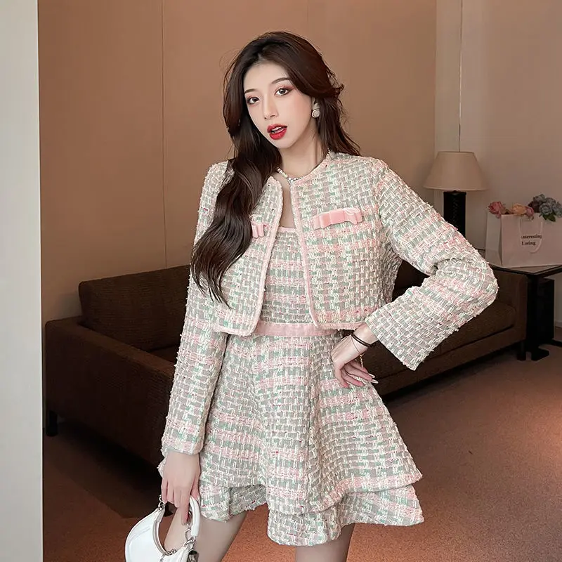 달콤한 소녀 패션 투피스 세트 가을 신상 스몰 프래그런트 스타일 핑크 트위드 숏 코트+멜빵 원피스 우아한 세트