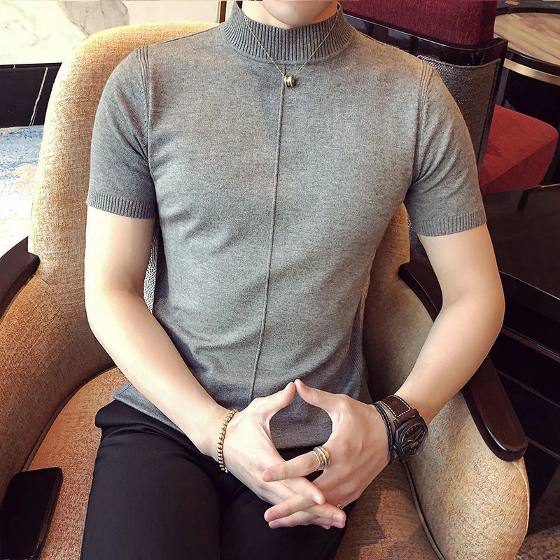 Summer Short Sleeve Men Half Turtleneck Knitted T Shirts England Style Business Casual All-match Simple Tight Oversized Clothing
