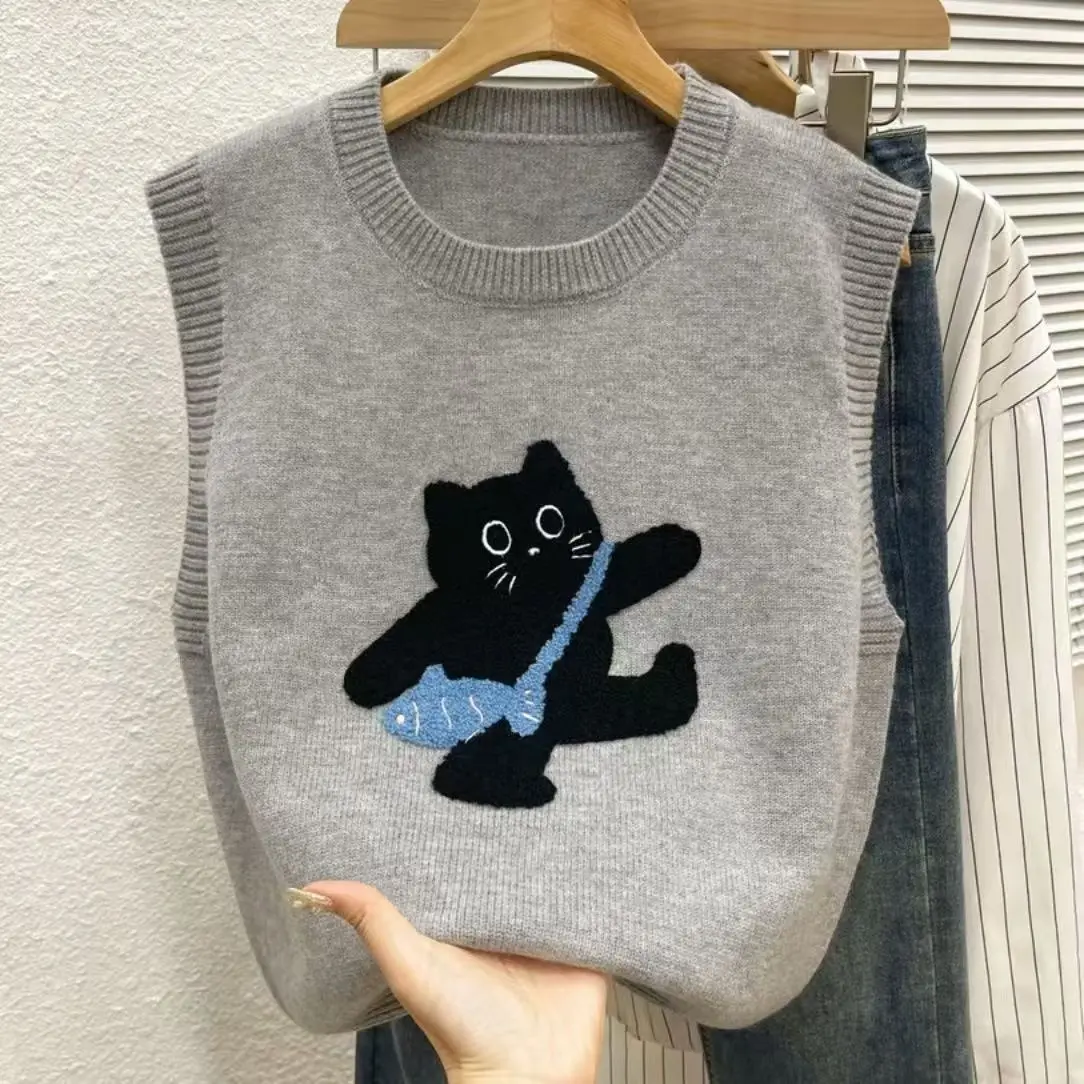 Y2k Cartoon Cat Jacquard Preppy Style Korean Vest Sweater Women Pullover O Neck Sleeveless Coat Women Windproof Knit Jumper Top