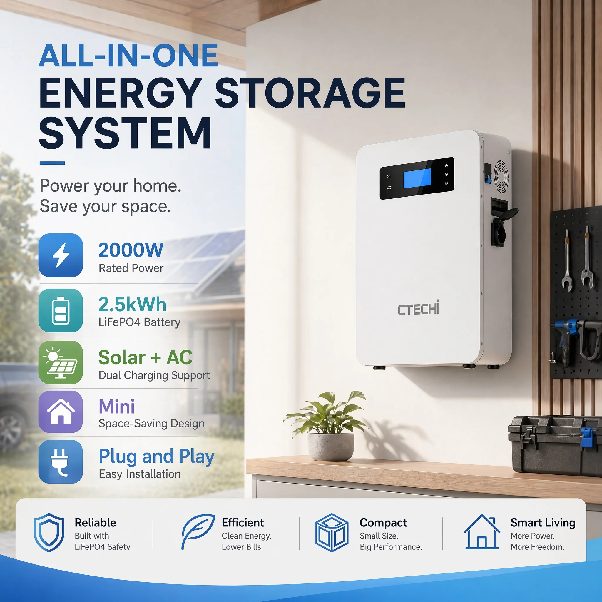 All In One Solar Inverter And Battery Wall Mounted 2kVA 2.5kWh Lithium With Grade A Battery Cell For Small Home Power Loads
