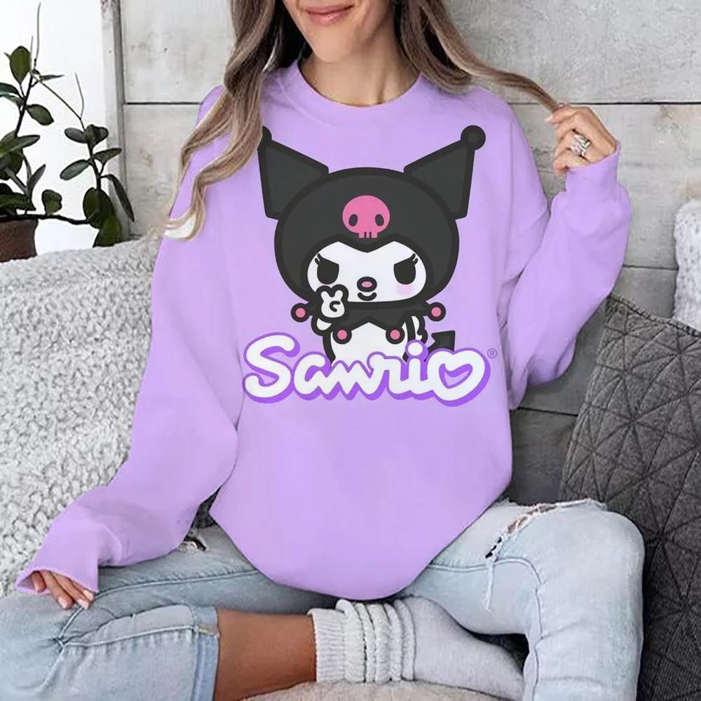 Street casual women\'s sportswear Hello Kitty Kuromi cartoon print hoodie, loose and soft pullover sweater, round neck woolen swe