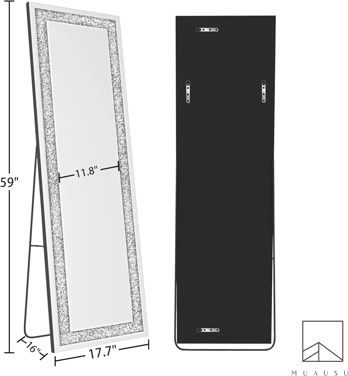 Espejo de cuerpo completo de diamante triturado de cristal, plata brillante, espejo de pie de alta definición, dormitorio, tocador de sala de estar, 59 "x 18"