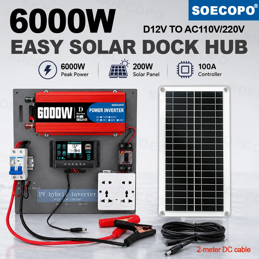 RV Camping Kit Pre-Wired Easy Solar Dock Hub 6000W Inverter 200W Panel 100A Controller 2m Extension Cable For Picnic Garden Use