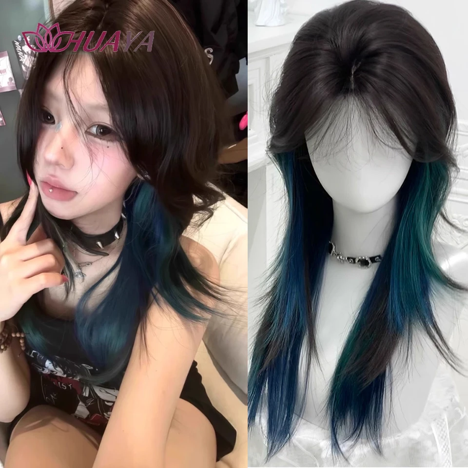 

Long Straight Ombre Blue Green Synthetic Wigs with Bangs Layered Wig Cosplay for Women Daily Natural Hair Heat Resistant