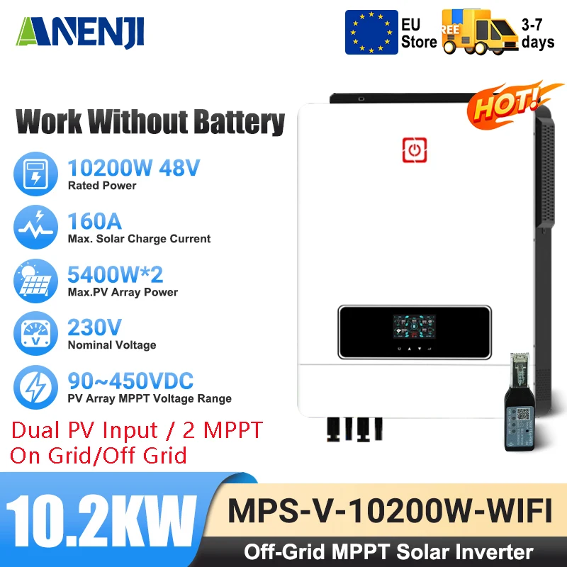 Convertisseur solaire hybride ANENJI 48V 10.2KW 230VAC onde sinusoïdale pure 2 MPPT double entrée PV/sortie AC 160A chargeur solaire PV 450VDC WIFI