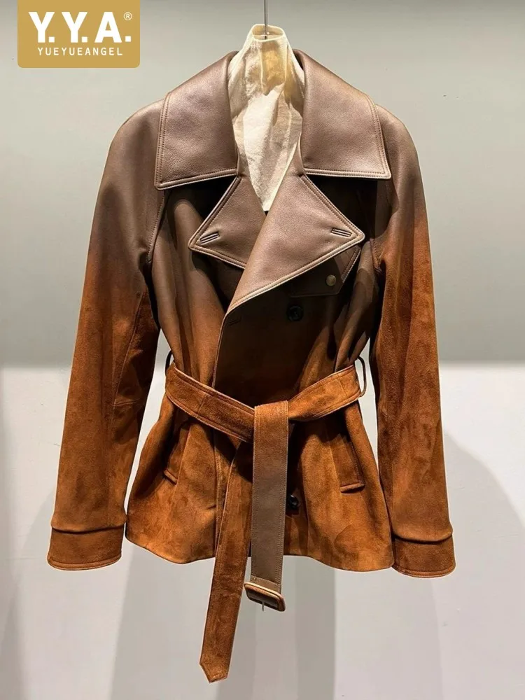 Luxury Natural Sheepskin Suede Women Jacket Autumn Winter Notched Collar Party Coat Belt Vintage Casual Genuine Leather Overcoat