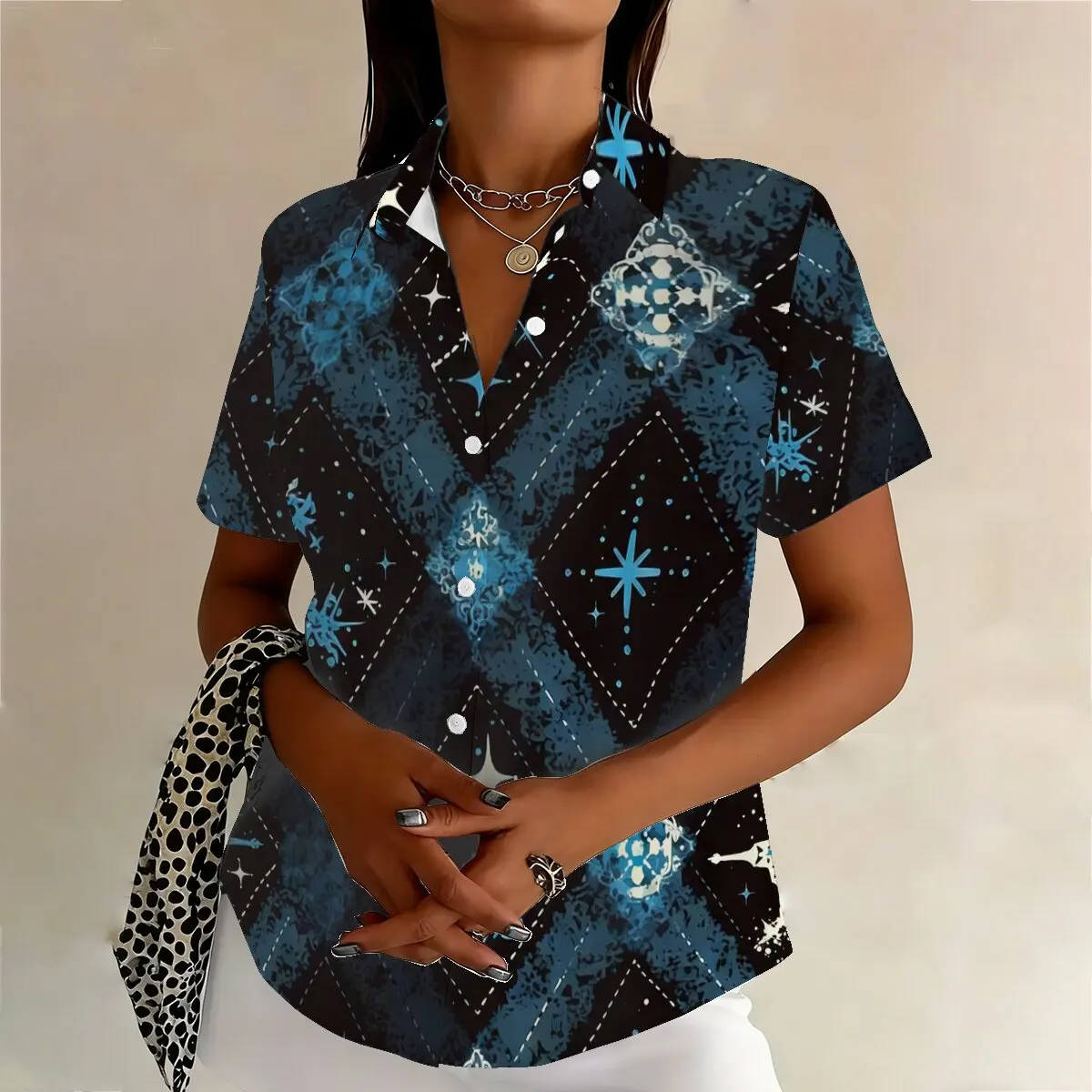 Summer women's plus-size single-breasted shirt, mysterious and personalized plaid design, suitable for workplace, social