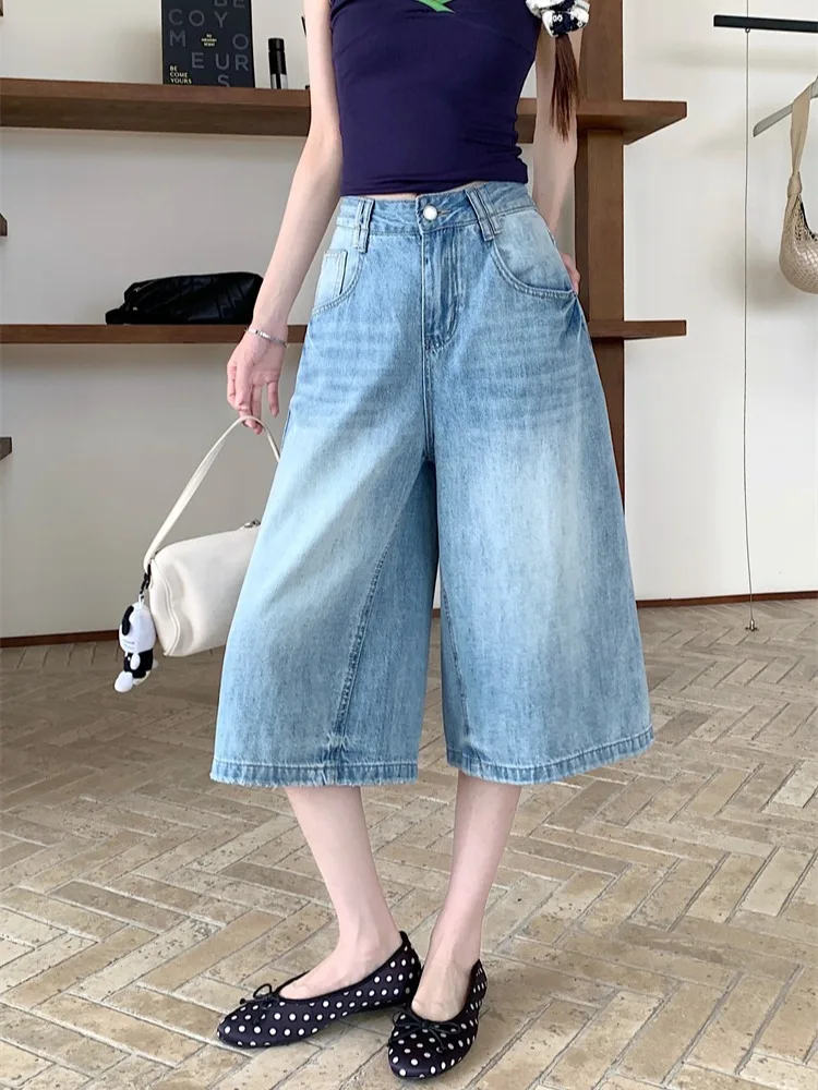 

Retro American Blue Washed Denim High Waist Wide Leg Pants Summer Slimming Women's Jeans Casual Style High Waist Jeans