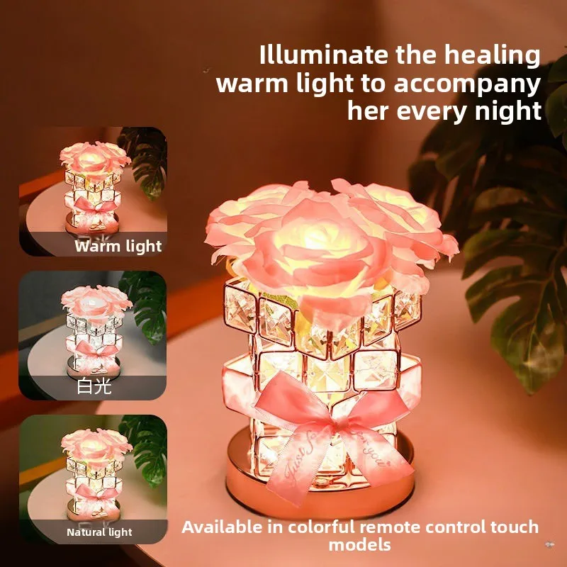 Presente do dia dos namorados rosa cristal recarregável lâmpada de mesa luz ambiente de sete cores luz decorativa do quarto das meninas