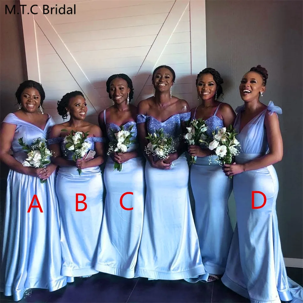 Custom Made Mermaid Baby Blue African Bridesmaid Dresses 4 Styles Off The Shoulder Floor Length Satin Wedding Party Gowns