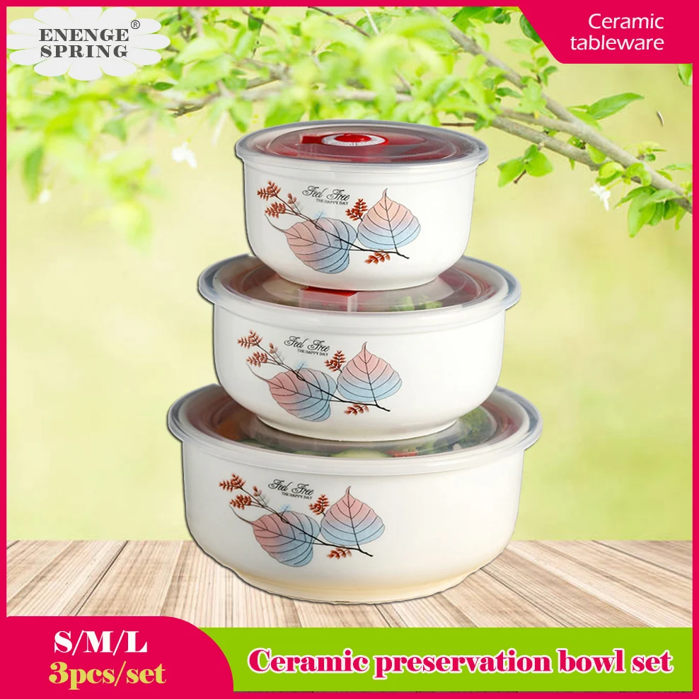 3-piece set, Ceramic preservation bowl Lunch box Household sealed fresh-keeping bowl with lid L/M/S 3 bowls Ceramic tableware