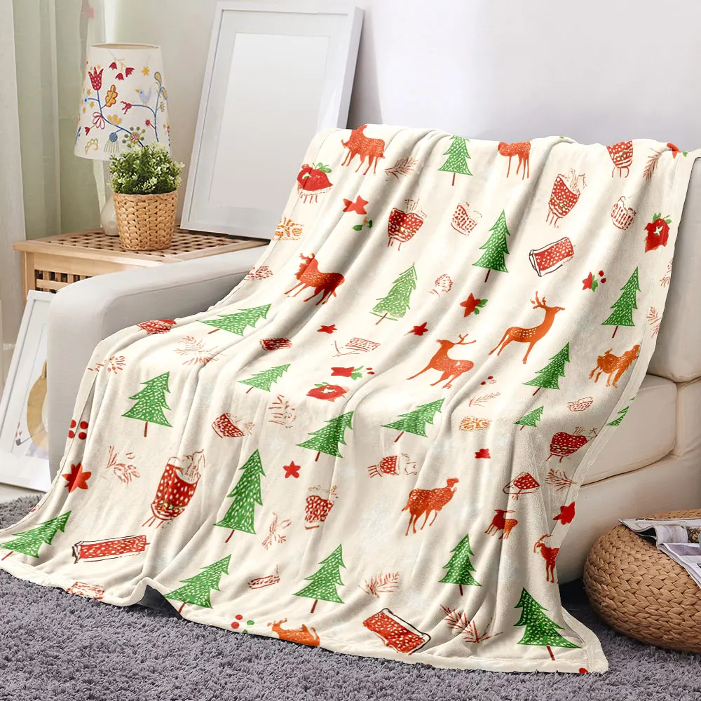 Christmas Blanket - Whimsical festive pattern with red/green Christmas trees, reindeer, gift boxes, holly, perfect for holiday d