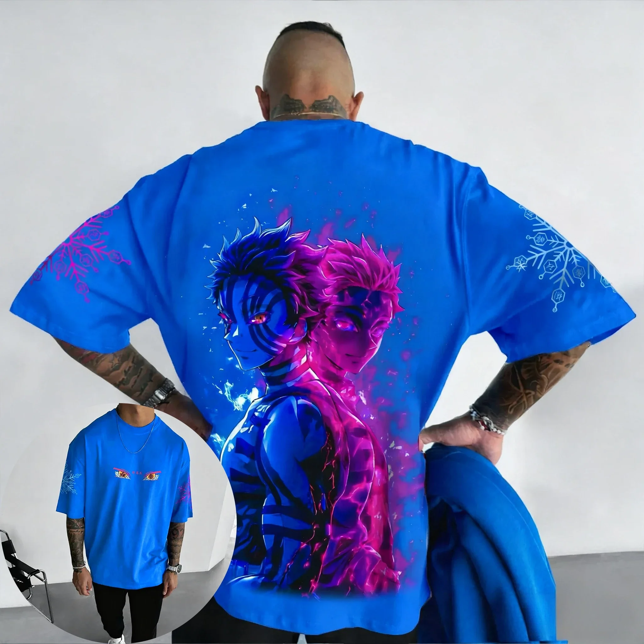 

Demon Slayer Anime Parent-child Men's T-shirt 2025 Summer New Akaza Print Plus Size Harajuku Casual Loose Short Sleeved Top