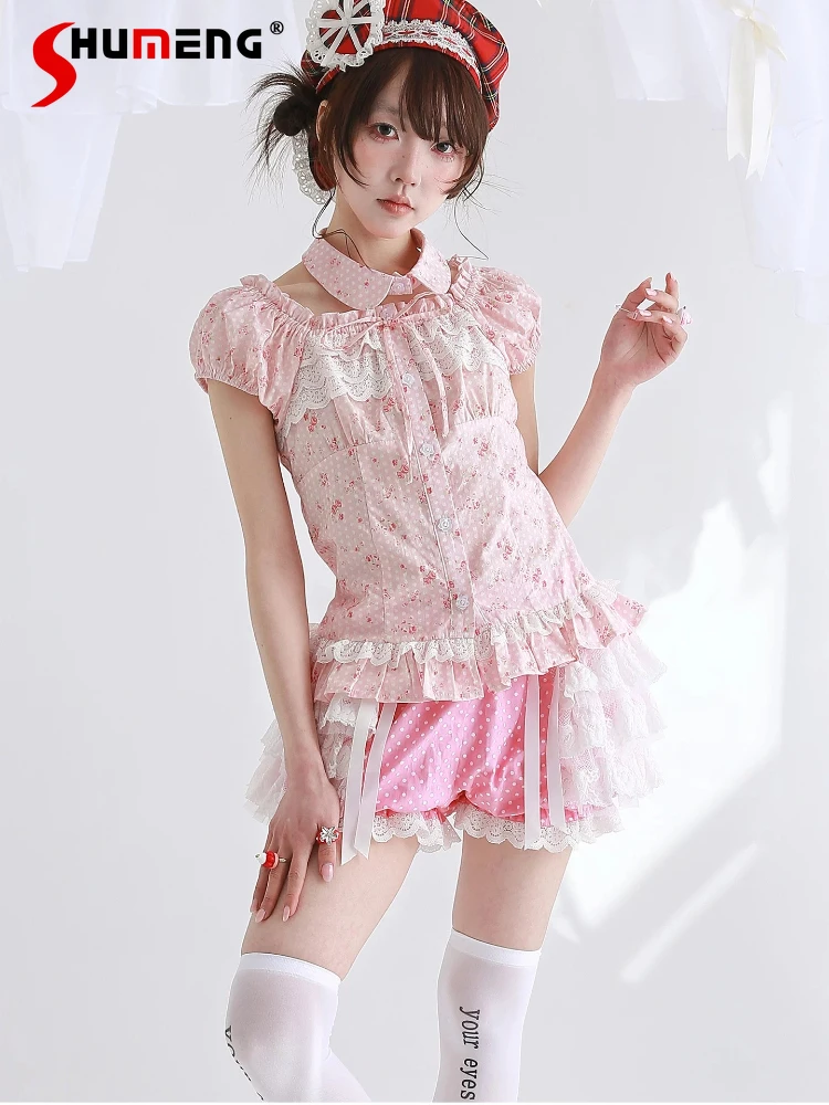 

Original Japanese Kawaii Girl's Lolita Skirt Set Summer New Woman's Lo Pink Polka Dot Short Sleeve Shirt Cake Culottes Outfit