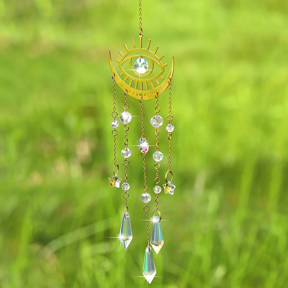 1PC Gold Flame Moon Crystal Pendant Sun Catcher Outdoor Garden Hanging Ornament Room Ceiling Hanging Ornament