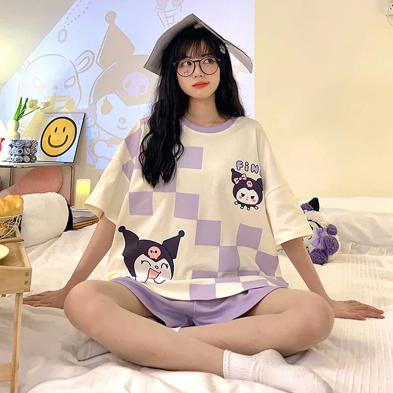 Kawaii Sanrio Anime Cinnamoroll Kuromi Pajamas Summer Simple Fashion Delicate Cute Casual Loose Comfortable Soft Girly Set Gift