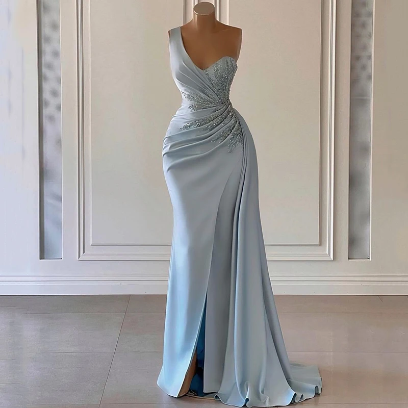 Thinyfull Sexy Prom Evening Dresses Beadings One Shoulder Party Dress Blue Split Mermaid Floor Length Cocktail Gowns Plus Size