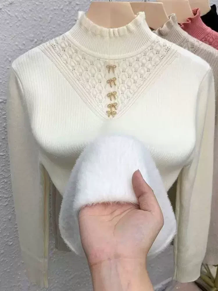 

Thickened Knitted Pullover Soft Women's Casual Long Sleeved Knitted Bottom Sweater Warm Half High Collar Knitwear Sueter Top