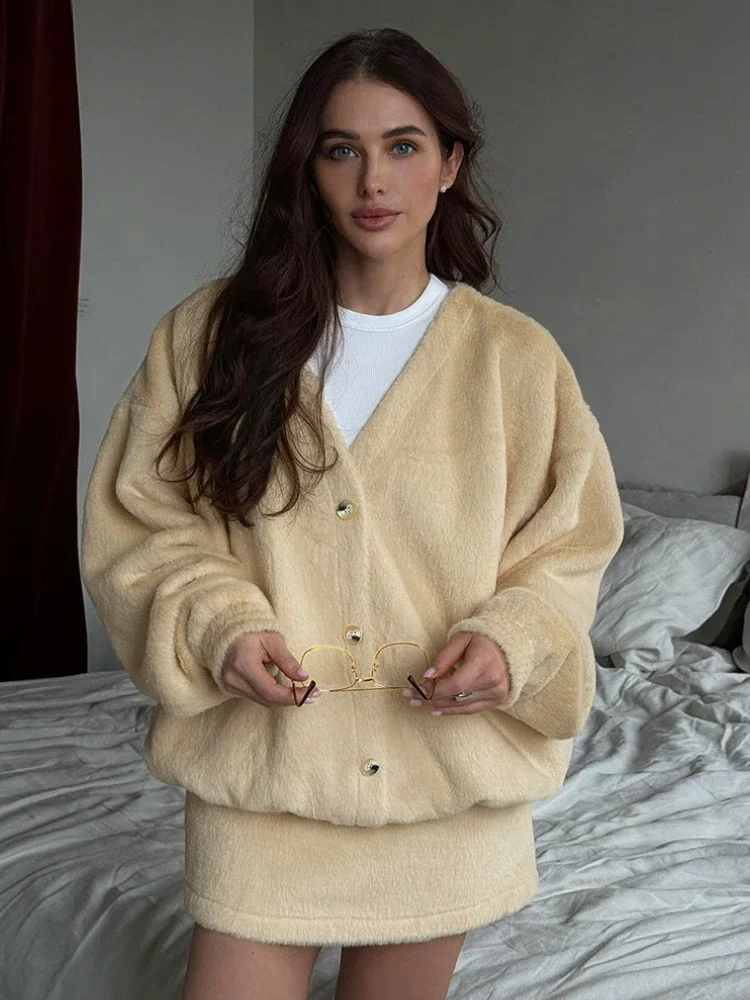 

Fashion Sweater 2 Piece-Set Short Skirt For Women Casual Solid Loose Long Sleeves Top And Slim Mini Skirt Sets Female 2025