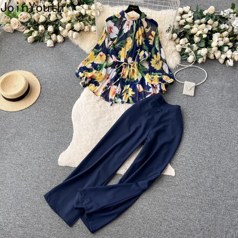 Summer 2 Piece Sets Womens Outfits Slim Waist Pleated Floral Blouse High Waist Straight Wide Leg Pants Suit Chic Temperament Set