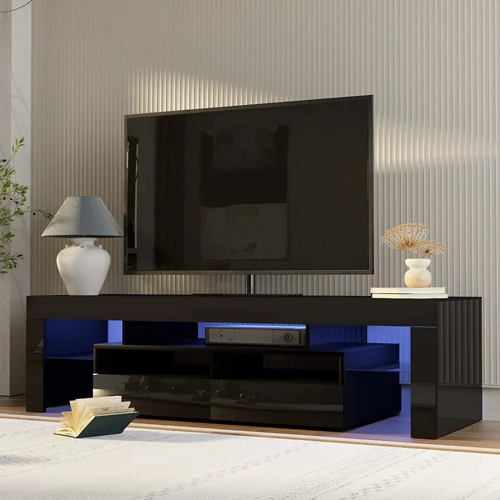 LED Light TV Stand for 55/60/65 inch TV, Modern Gloss Entertainment Center with Drawer and Glass Open Shelf, TV Console Table image 3