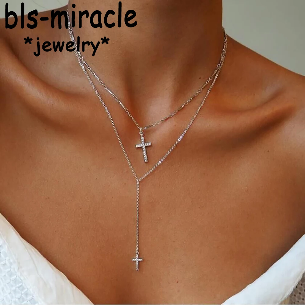 Fashion Gold-plate Crystal Cross Necklaces Pendants Boho Double Layered Necklace Catholic Religious Christian Statement Jewelry