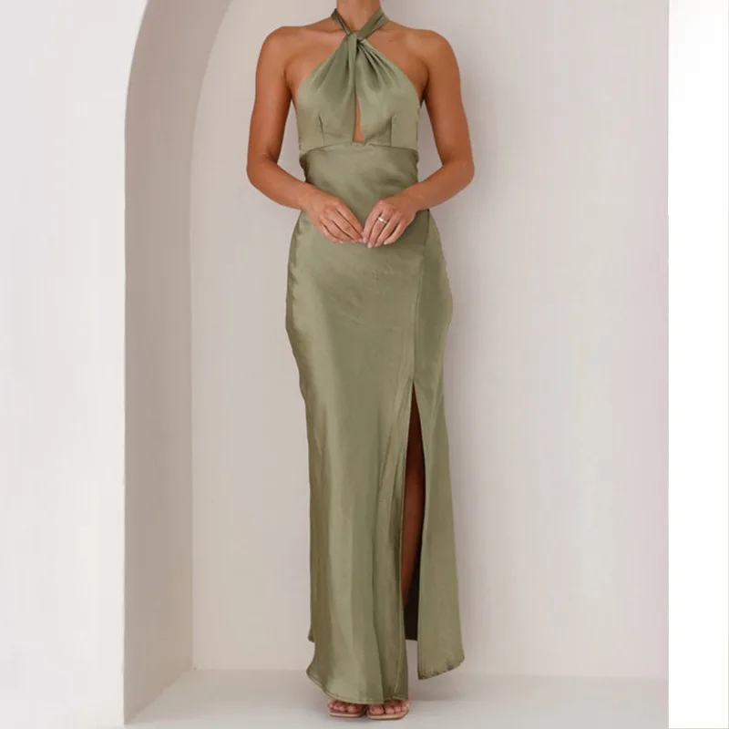 

2025 Spring/Summer New Women's Fashion Sexy Waist Hanging Neck Split Long Women's Sleeveless Dress European and American