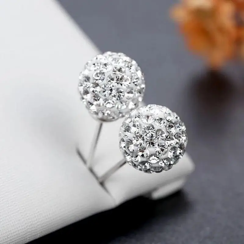 925 Sterling Silver Classic Full Crystal Ball Earrings For Women Jewelry 2024 Trending 6 8 10 12mm Korean Ball Stud Earrings JN9