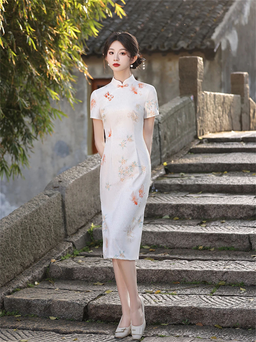 Zomer Jong Meisje Goudvis Bloemen Cheongsam Jurk Vintage Chinese Traditionele Qipao Vrouwelijke Slanke Korte Mouw Elegante Vestidos