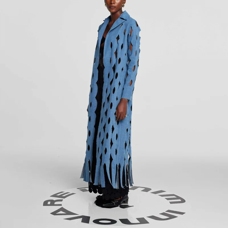 Kwtx feminino longo denim trench coat leve recorte franja minimalista elegante designer de luxo primavera verão 2025 outwear