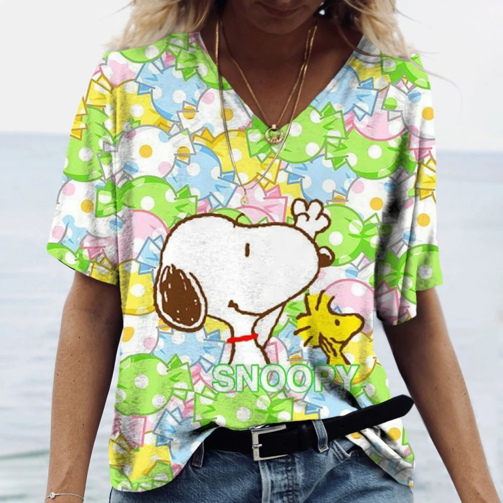 Summer Casual Loose Women\'s MINISO Snoopy Painting T Shirt Graphic Print V Neck Top Fashion 3d Print Plus Size Clothing ﻿