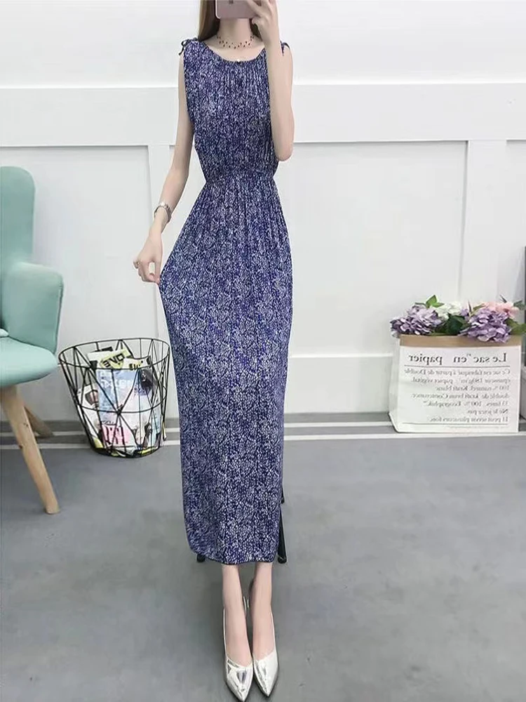 여름 플로럴 프린트 코튼 실크 루즈 롱 베스트 여성용 드레스 한국 스타일 하이 웨이스트 V넥 비치 가운