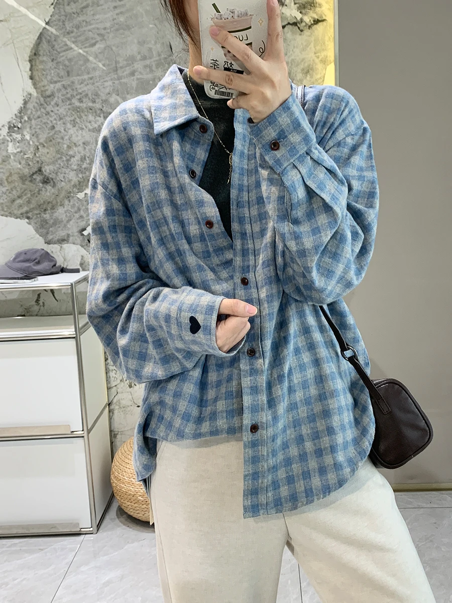 

Retro Plaid Thiened Long Sve Women's irt Loose Slimming Outerwear Korean Sle Floing Design Autumn Winter Top