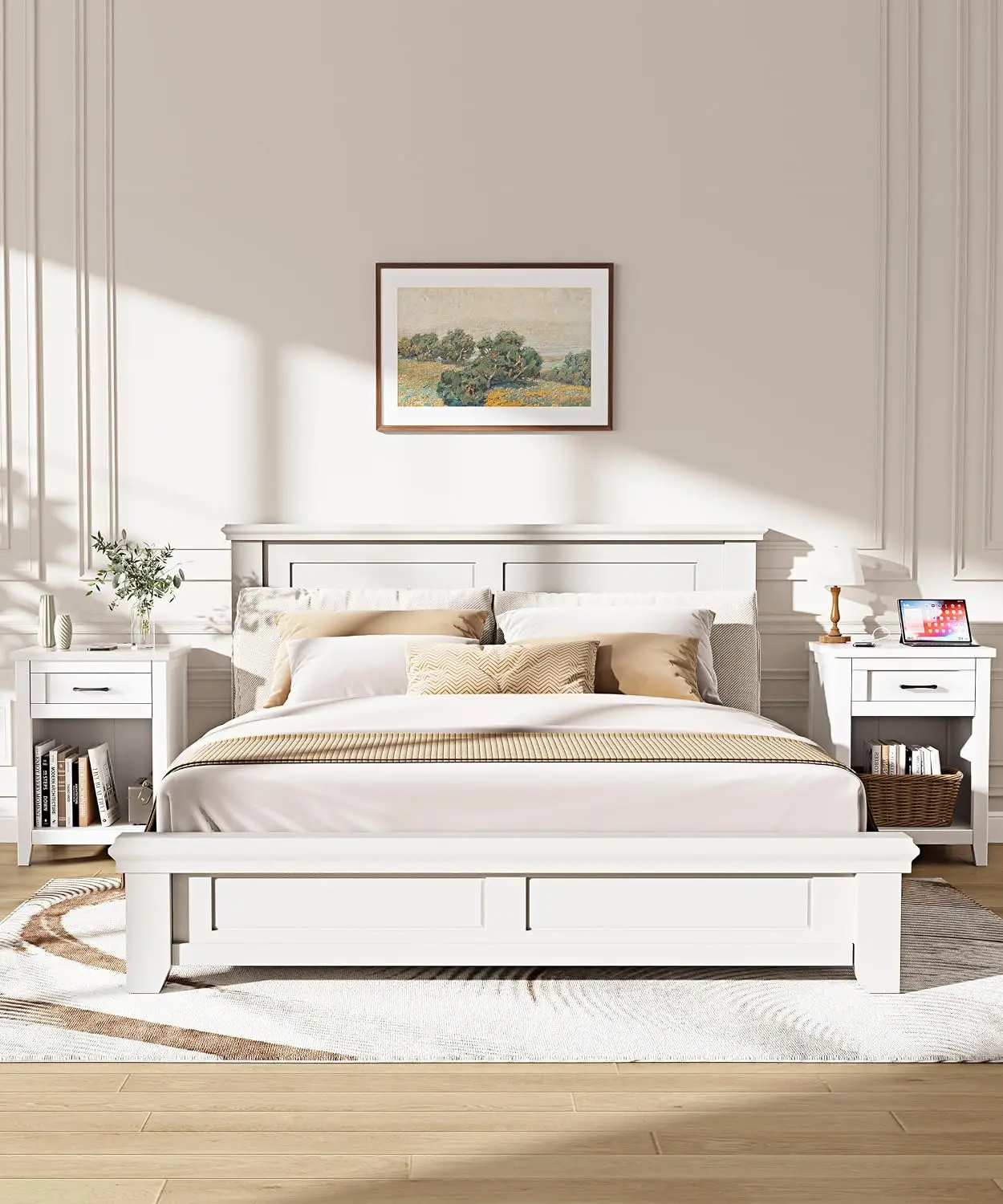 Nightstand Featuring a Charging Station, Farmhouse Style, Pure White