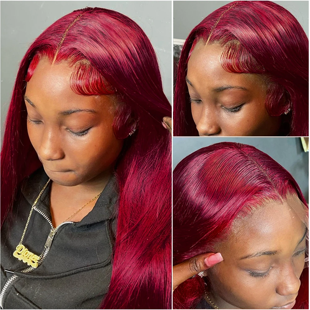 38インチ 99j バーガンディ レースフロント 人毛ウィッグ 13x6 ボーンストレート HDレースフロントウィッグ 密度200% カラー済み 生え際処理済みレースウィッグ