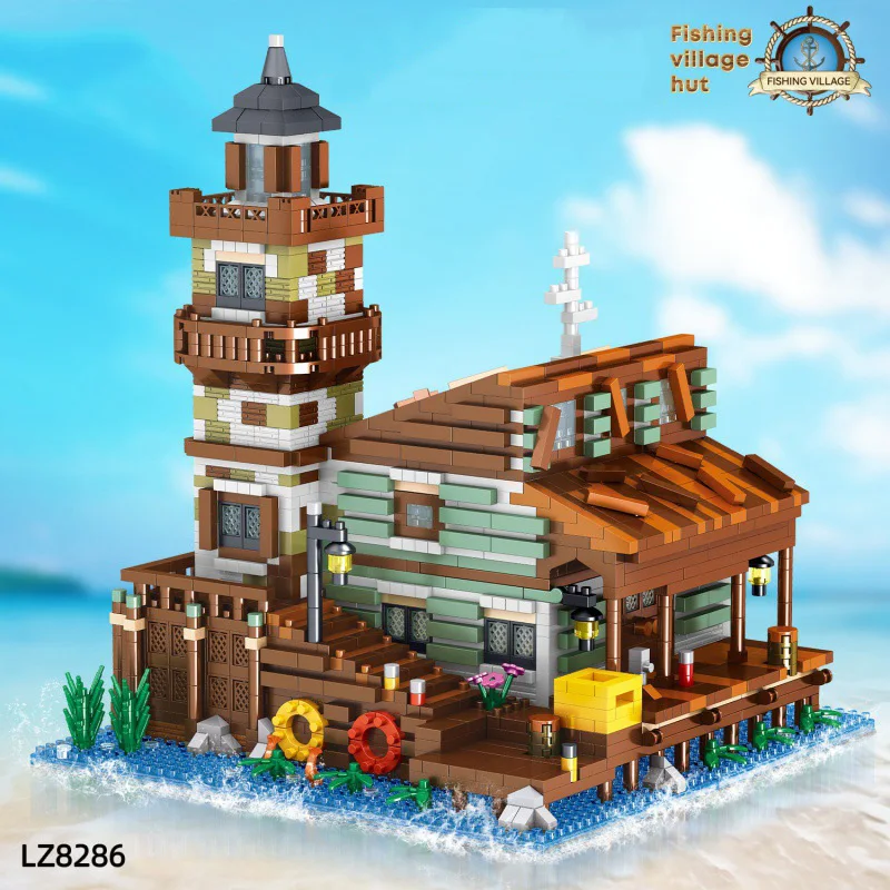 Idéia vista de rua arquitetura pesca aldeia cabana micro diamante bloco modelo conjuntos construir tijolo brinquedo de construção nanobrick para presente