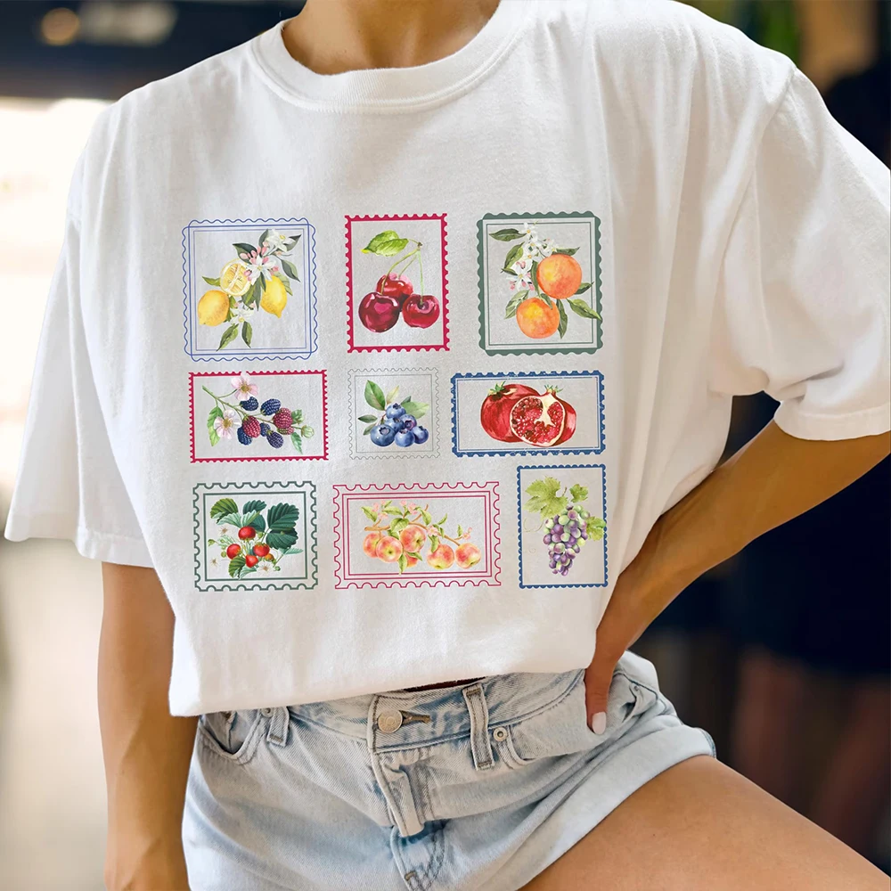 Summer Fruit Stamp Comfort T-ShirtVintage Postage Stamp Unisex TeeAesthetic Cottage Core Gardening Gift Trendy Casual Streetwear