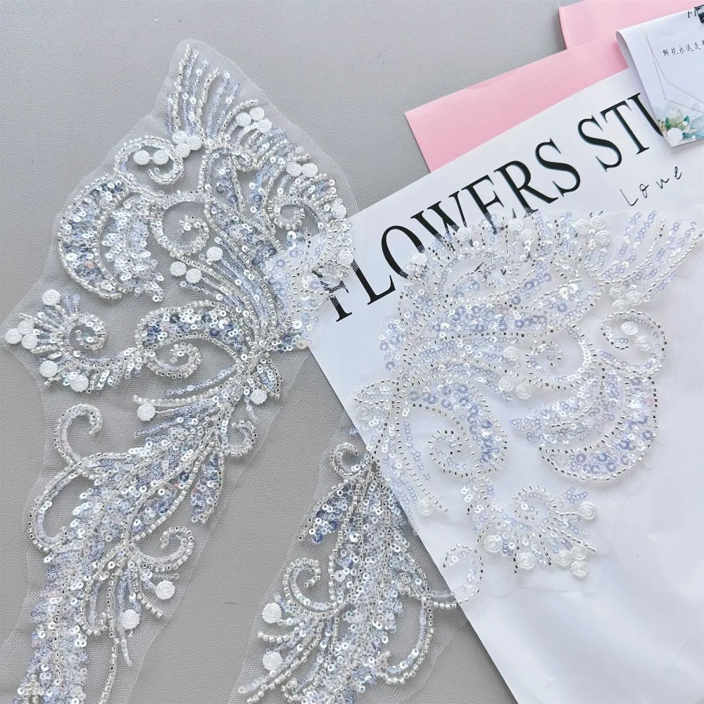1Pair Beaded Sequined Lace Embroidery Cloth Sticker Wedding Dress Clothing Sewing Applique Flower Handmade Flower Patch DIY