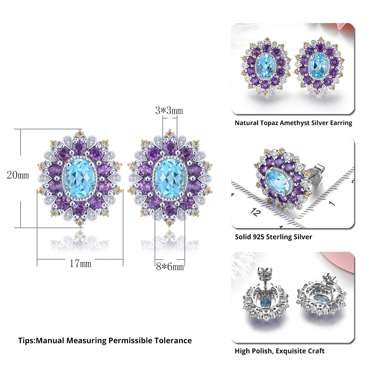 Natural Blue Topaz Amethyst Sterling Silver Stud Earring 5.5 Carats Genuine Gemstone Colorful Fine Jewelry Original Design