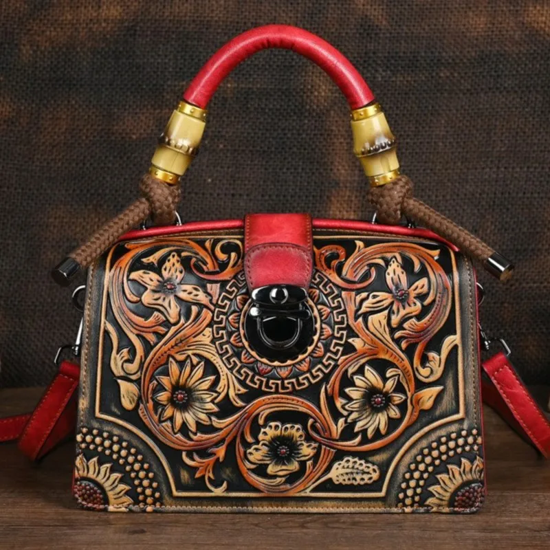 Johnature 2024 New Vintage Luxury Handbag Handmade Leather Carved Women Bag Versatile Female Shoulder & Crossbody Bags