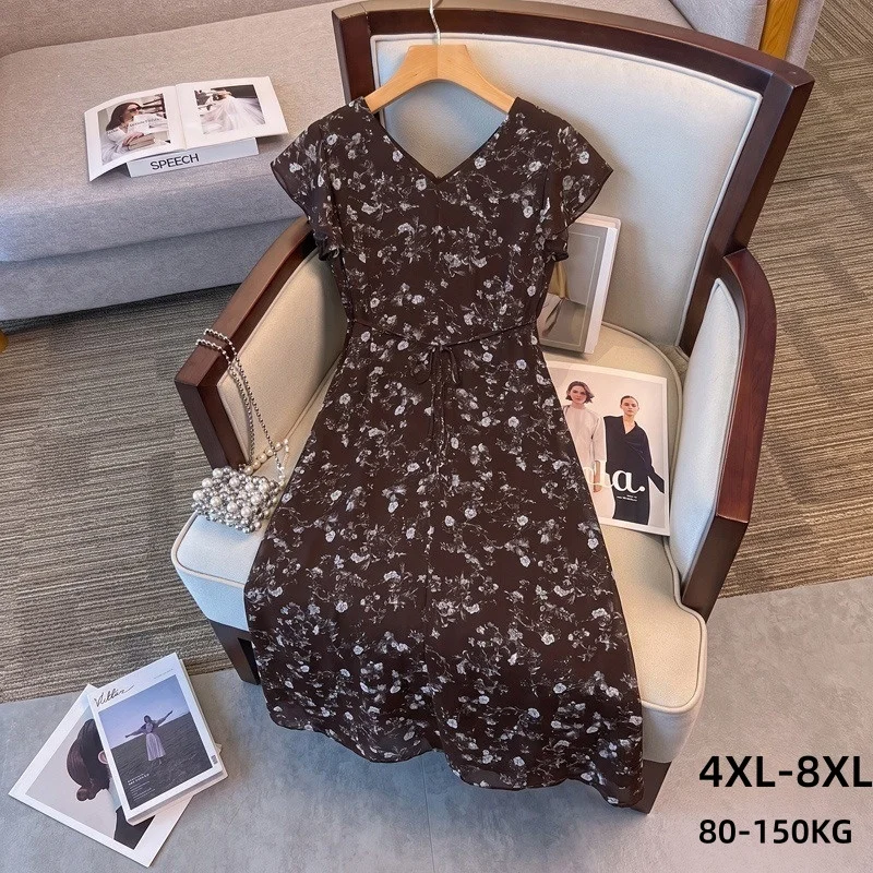 Summer Women Plus Size Dress 8XL 7XL 150KG Soft Floral Short Sleeve V-Neck Midi Dress Curvy Ladies 6XL 5XL Big Girl Long Dress