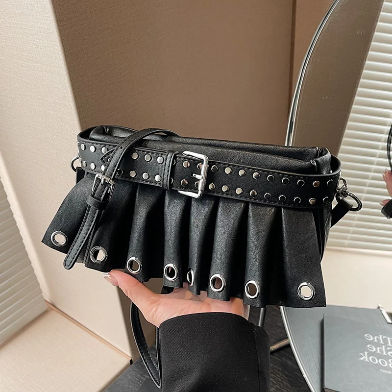 Punk Style Rivet Belt Fashion Chain Shoulder Underarm Handbag Chic Pleated Skirt Design Funny Crossbody Bag Lady Shopper Purse