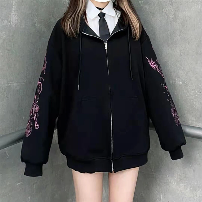 Korean Version 2024 New Streetwear Zipper Sleeve Pink Print Hoodies Shopping Casual Solid Black Color Soft And Warm Simple Y2K