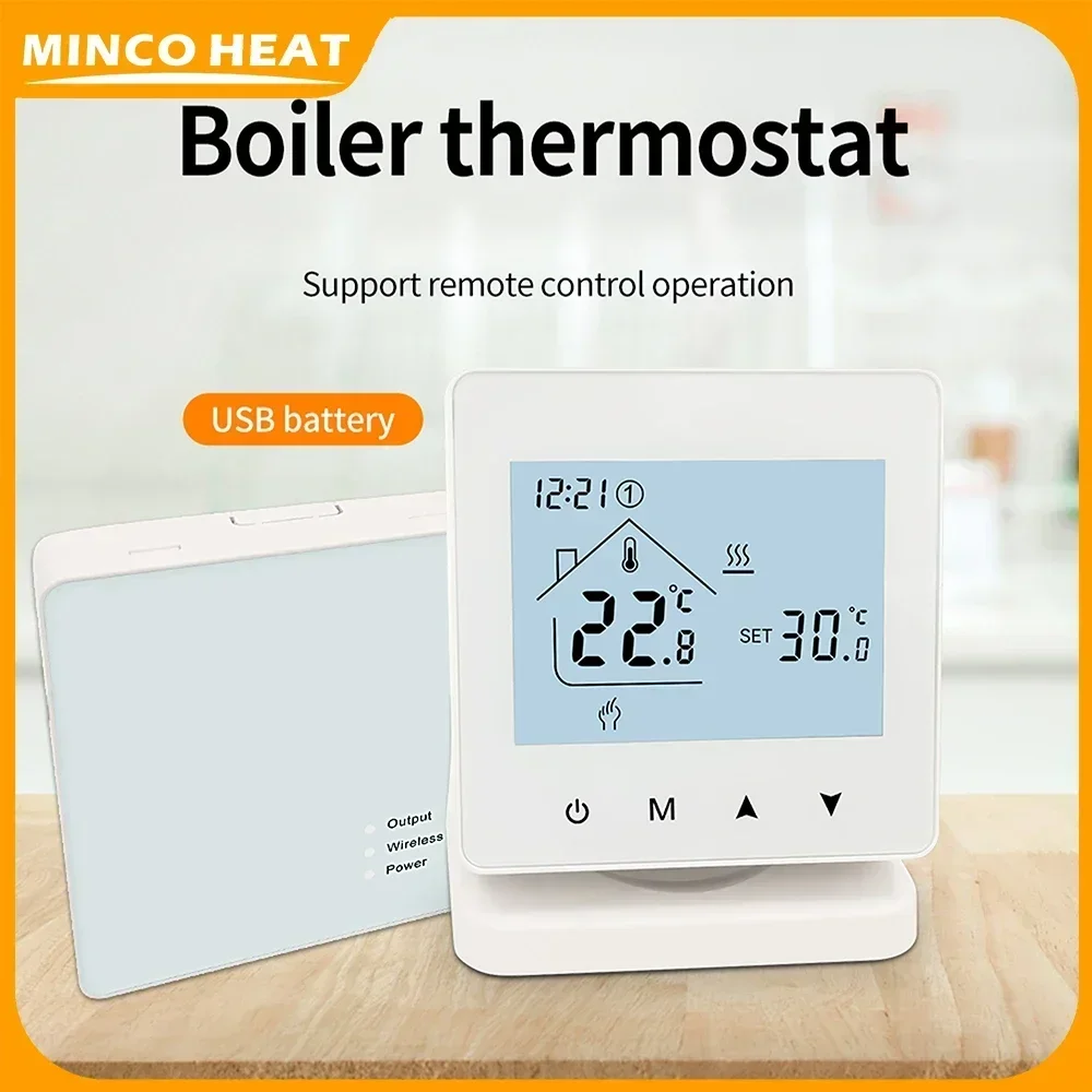 Minco Heat's programmable gas boiler wireless one-to-one temperature controller AA battery thermostat or connect to Type-C cable