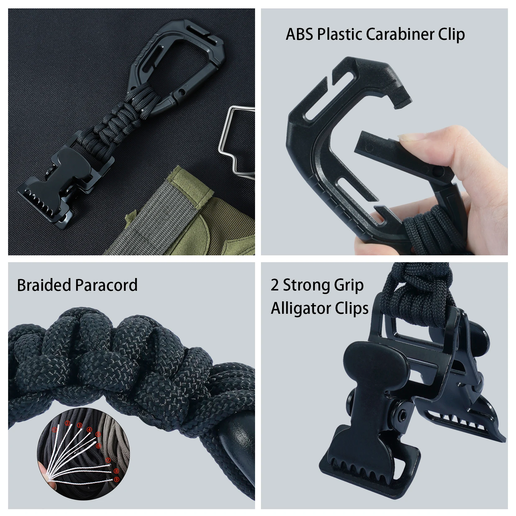 Handschoenclips met plastic karabijnhaak en paracord, metalen clips voor zware handschoenen, met sleutelhanger voor tactische rugzak