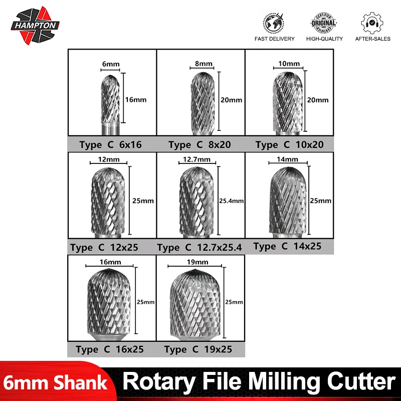 

6mm Shank C Ball Nose Rotary File 1pc Tungsten Carbide Burr Style Cylinder Mould Carving Tools Double Cut Metal Milling Cutter